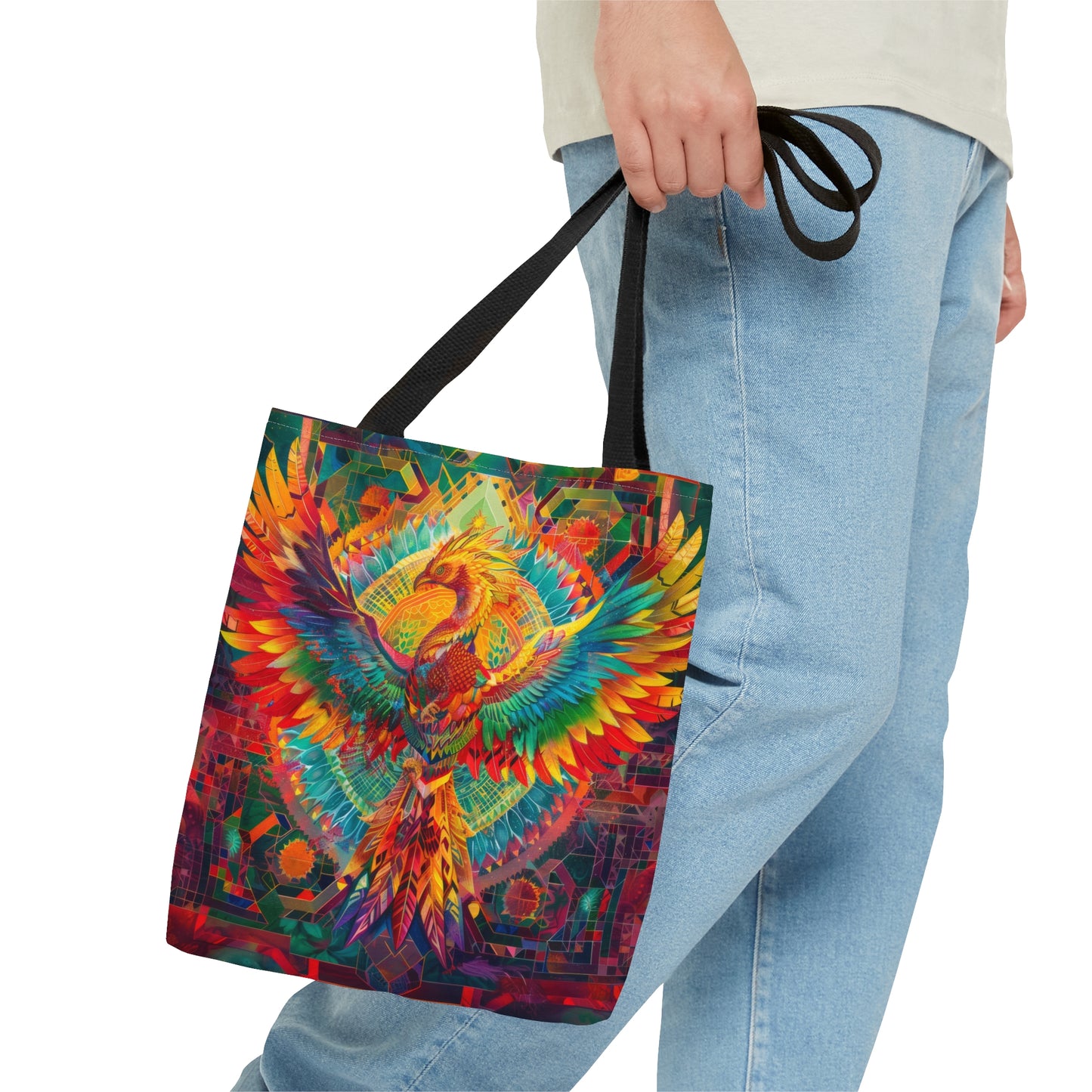 Psychedelic Rainbow Phoenix Double Sided Tote Bag, Street Art Aesthetic, Vibrant Colorful Fashion Style, 3 Sizes, Black Handles