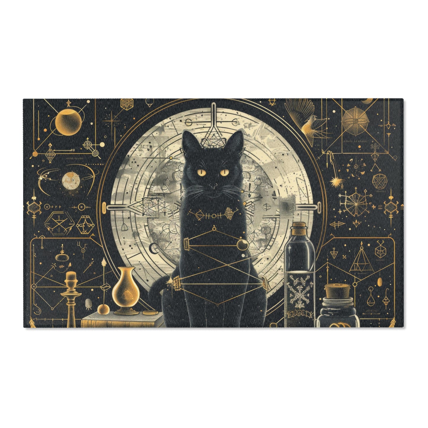 Black Cat & Spell Books Polyester Chenille Area Rug (3 Sizes), Mystical Sacred Geometry Design, Dark Occult Aesthetic Room Decor