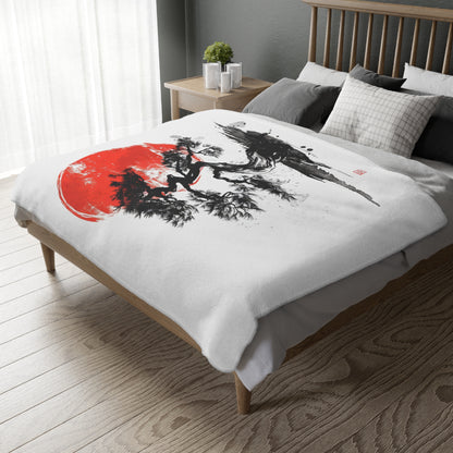 Traditional Chinese Bonsai & Red Sun 2-Sided Throw Blanket, Elegant Ink Wash Style Art, Serene Zen Decor for Home, Bedroom, Living Space, and Dorms