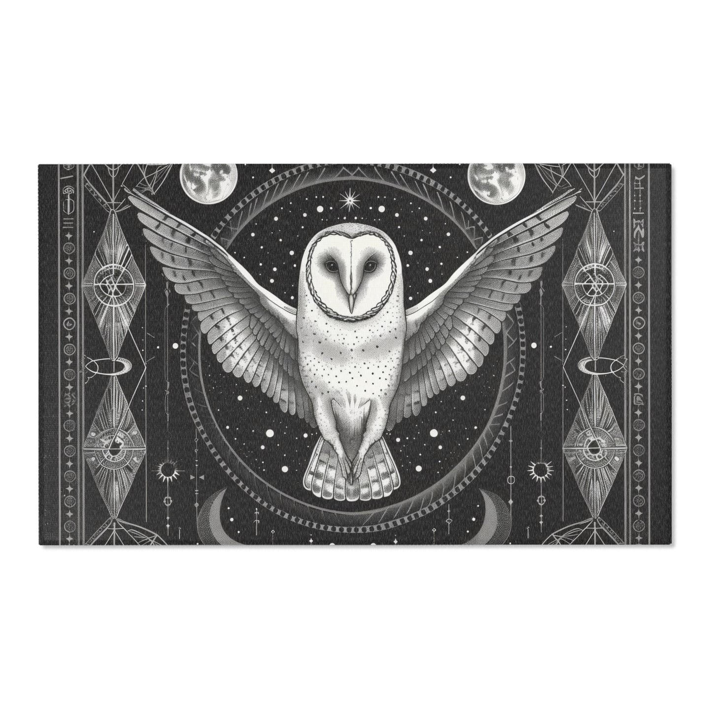 White Barn Owl Polyester Chenille Area Rug (3 Sizes), Sacred Geometry Aesthetic, Dark Occult Bedroom, Living Room & Dorm Room Decor