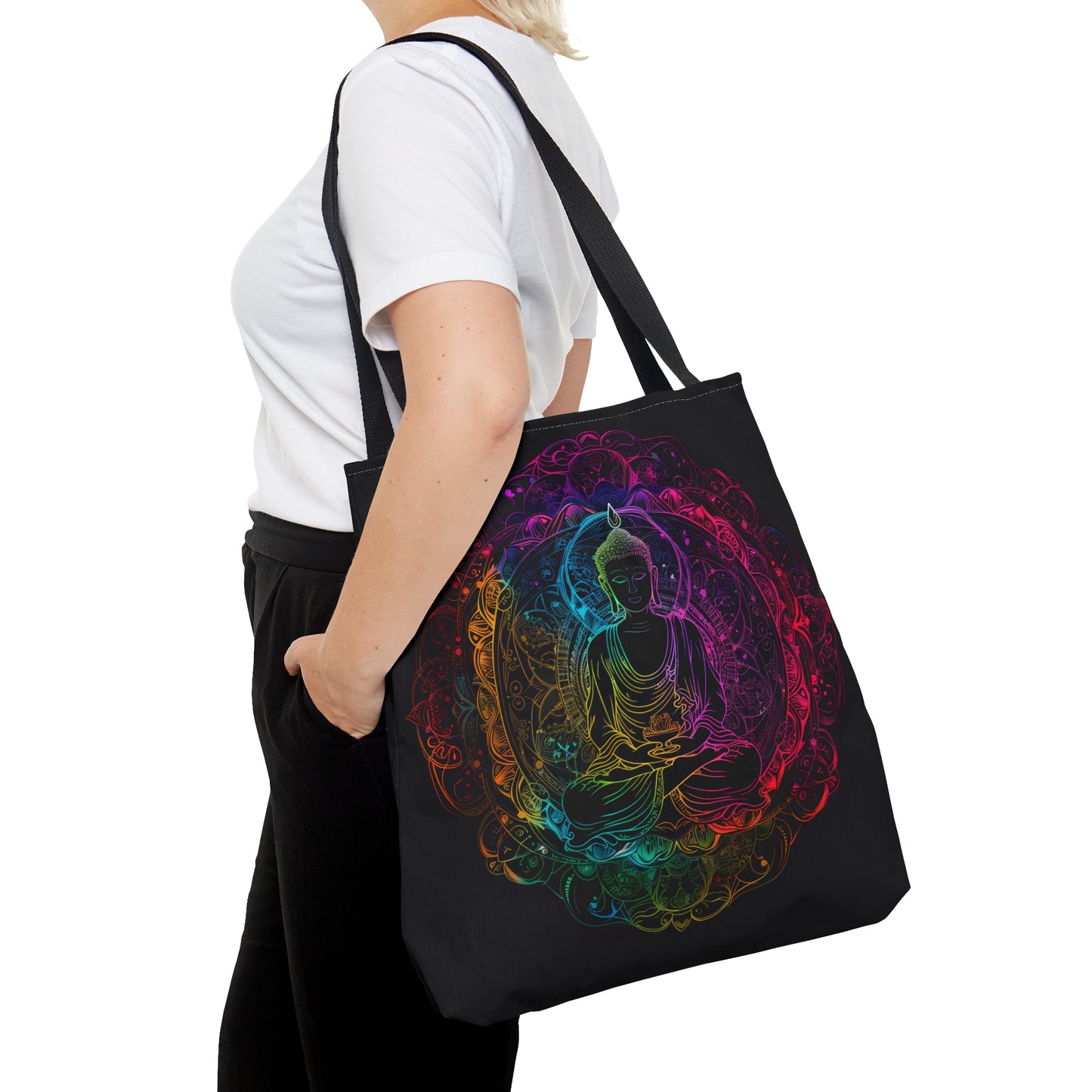 Buddha's Serene Mandala Double-Sided Tote Bag, Neon Enlightenment Motif, Spiritual Radiance, Zen Circle Design, Vibrant Meditation Accessory