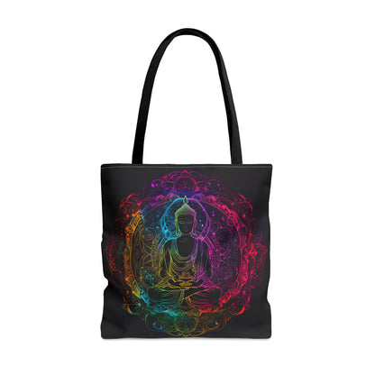 Buddha's Serene Mandala Double-Sided Tote Bag, Neon Enlightenment Motif, Spiritual Radiance, Zen Circle Design, Vibrant Meditation Accessory