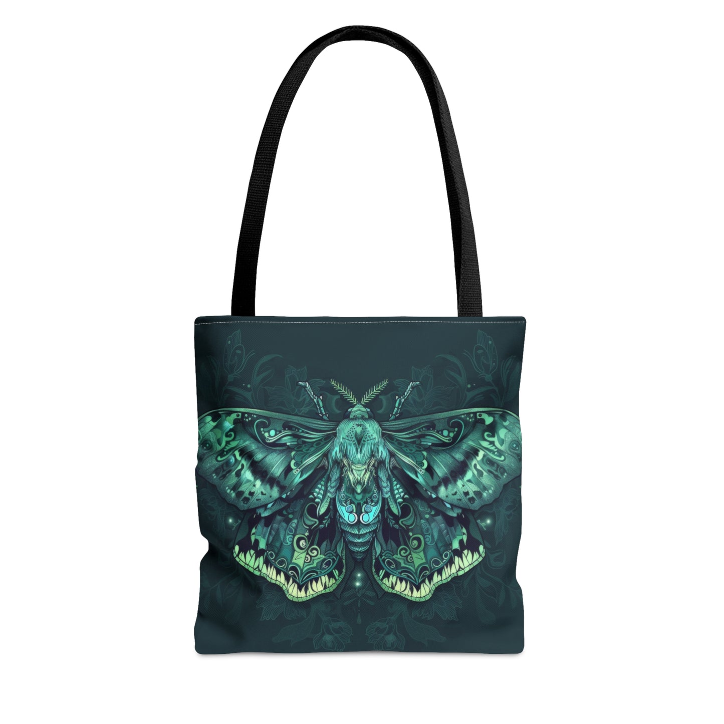 Lunar Moth Polyester Tote Bag (Double Sided), Emerald Inspired Design, Green Neon Style Fashion, 3 Sizes, Black Handles