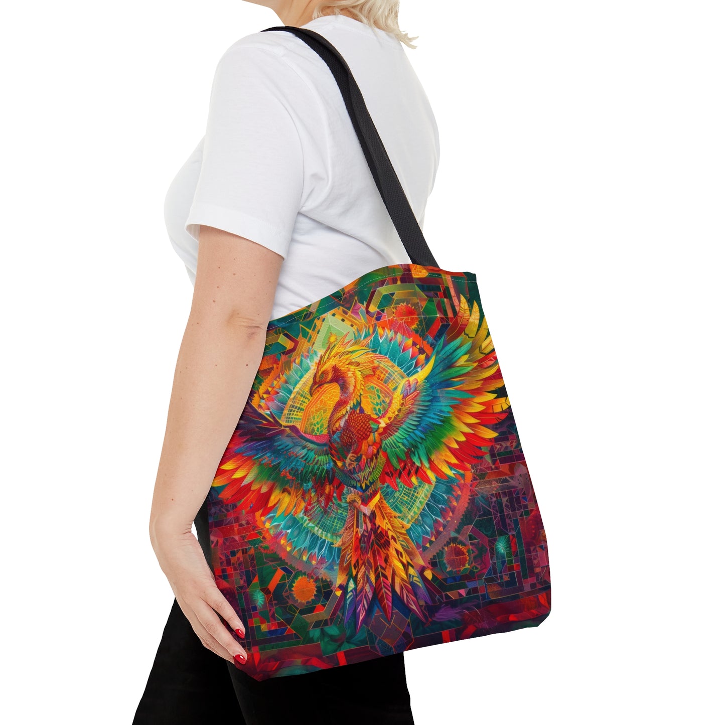 Psychedelic Rainbow Phoenix Double Sided Tote Bag, Street Art Aesthetic, Vibrant Colorful Fashion Style, 3 Sizes, Black Handles