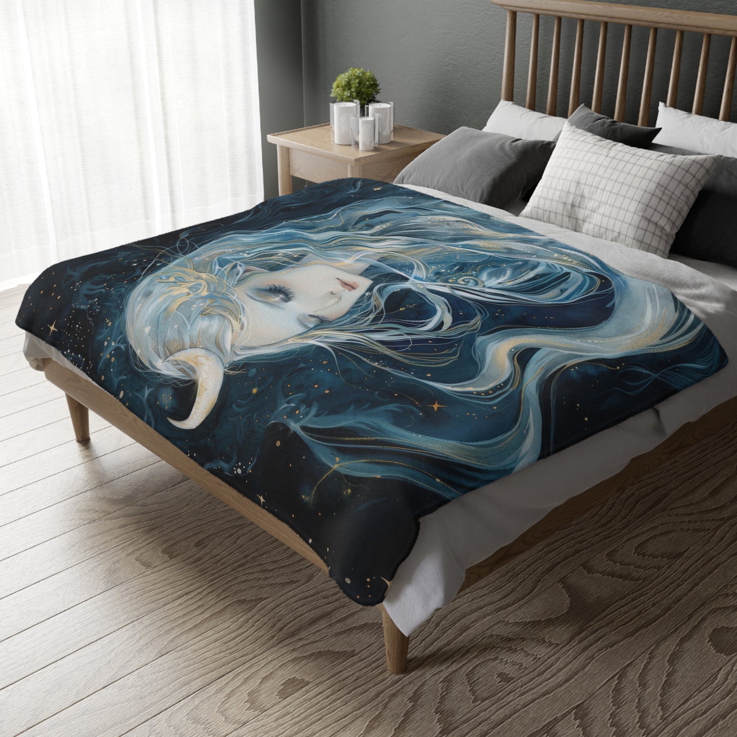 Selene's Moonlit Reverie Double-Sided Throw Blanket, Lunar Goddess Embrace, Celestial Elegance, Star-kissed Comfort