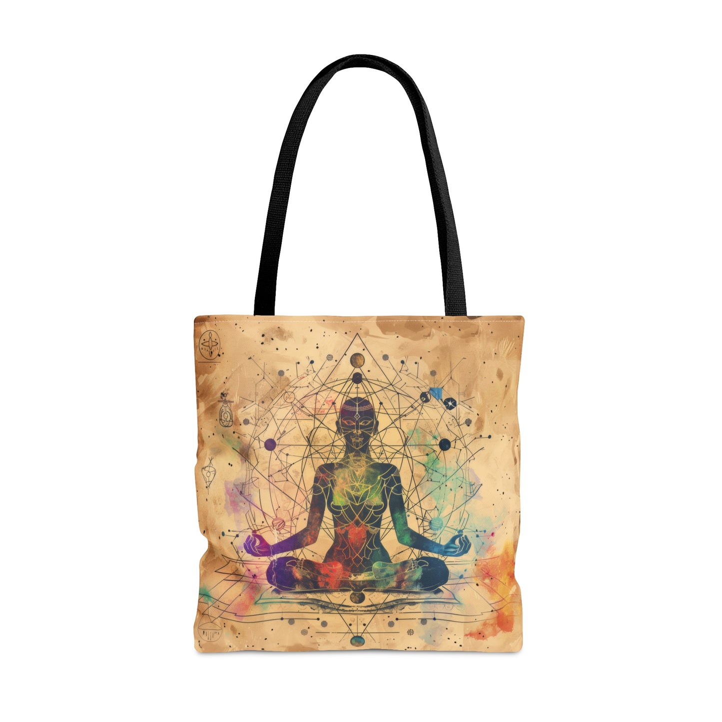 Cosmic Ether Goddess Polyester Tote Bag (Double Sided), Zen Nature Aesthetic, Sacred Geometry Style Fashion, 3 Sizes, Black Handles