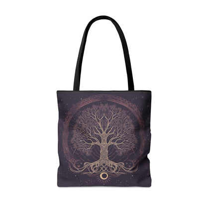 Mystic Purple Tree of Life Mandala Tote Bag – Dark Occult and Nature-Inspired Fashion, with Black Handles