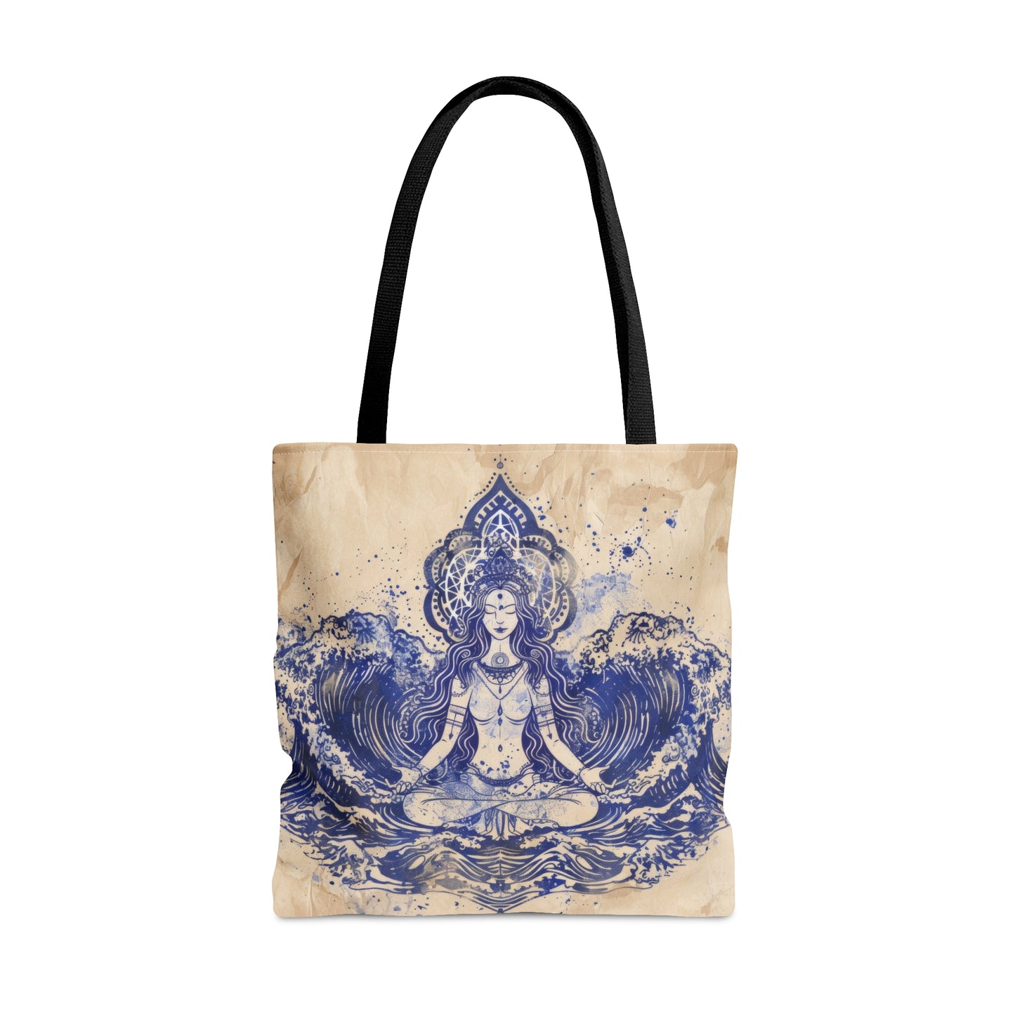 Water Goddess Polyester Tote Bag (Double Sided), Zen Nature Aesthetic, Sacred Geometry Style Fashion, 3 Sizes, Black Handles