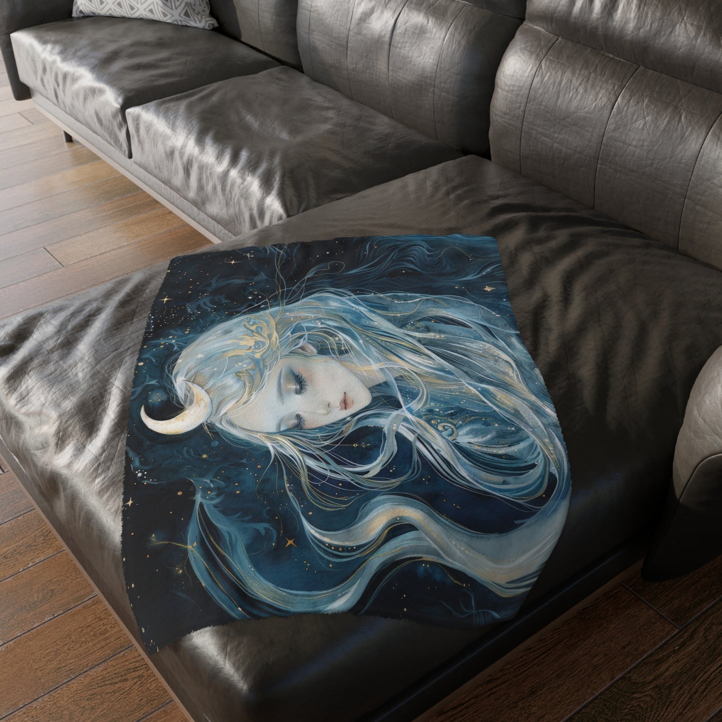 Selene's Moonlit Reverie Double-Sided Throw Blanket, Lunar Goddess Embrace, Celestial Elegance, Star-kissed Comfort