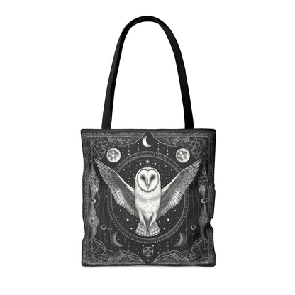 Mystical White Barn Owl Tote Bag – Dark Occult & Sacred Geometry Design, Durable Polyester in 3 Sizes with Black Handles