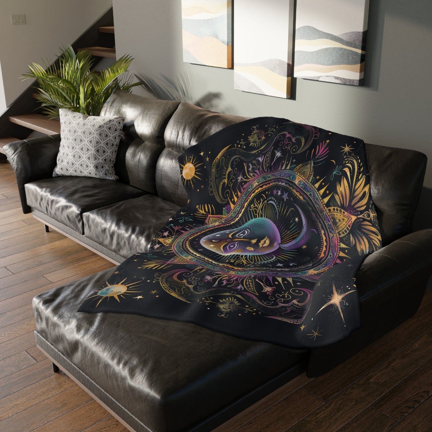 Rainbow Sun Electric Mandala Double Sided Throw Blanket, Sacred Geometry Style Colored Chalk Aesthetic, Mystical Bedroom & Living Room Decor