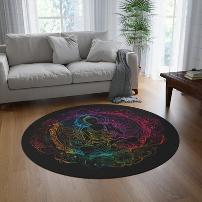 Buddha's Serene Mandala Round Chenille Area Rug, Neon Enlightenment Motif, Spiritual Radiance, Zen Circle Design, Vibrant Meditation Decor