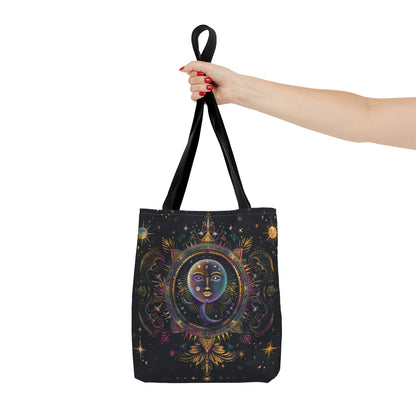 Rainbow Sun Electric Mandala Polyester Tote Bag (Double Sided), Colored Chalk Style, Sacred Geometry Designed Fashion, 3 Sizes, Black Handles