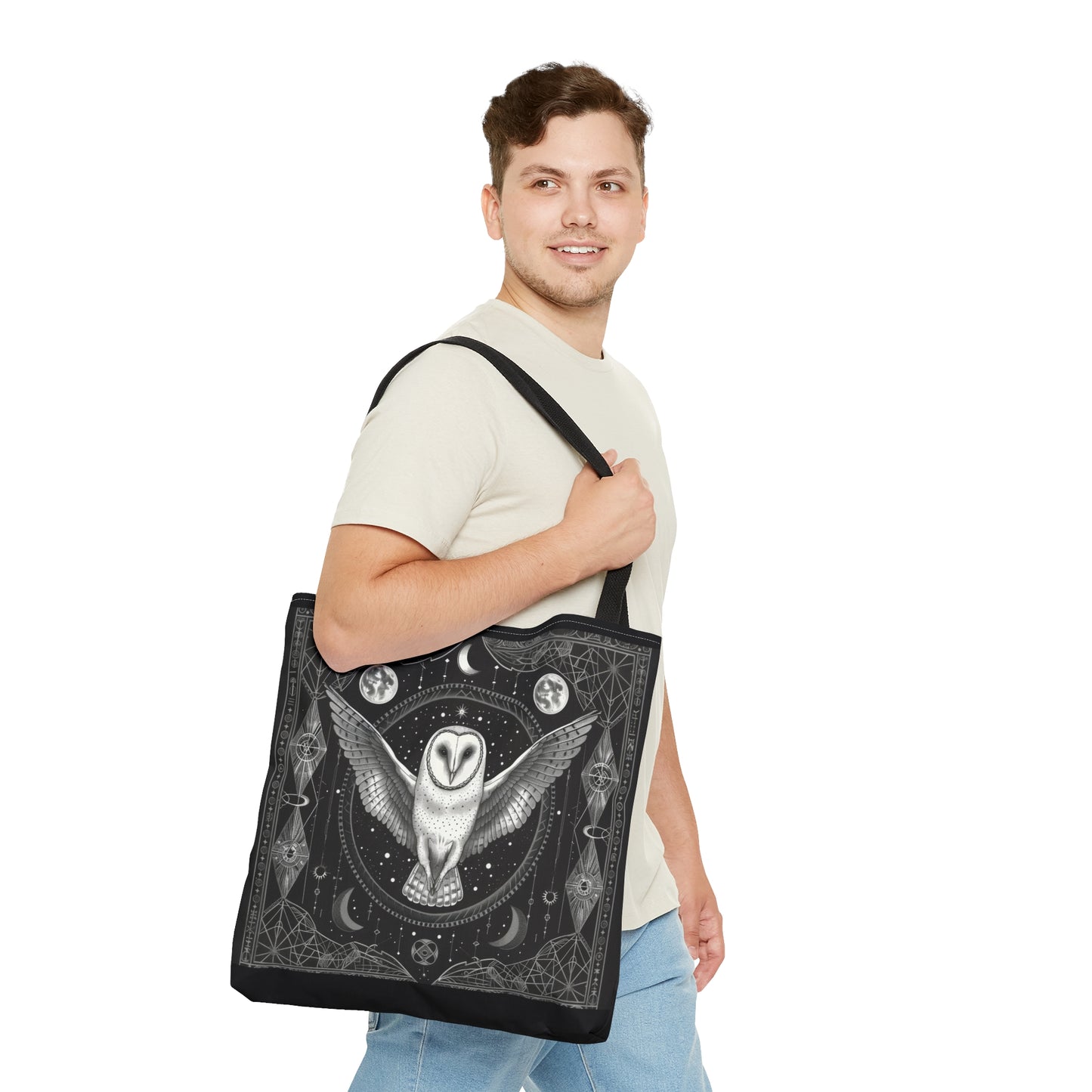 Mystical White Barn Owl Tote Bag – Dark Occult & Sacred Geometry Design, Durable Polyester in 3 Sizes with Black Handles