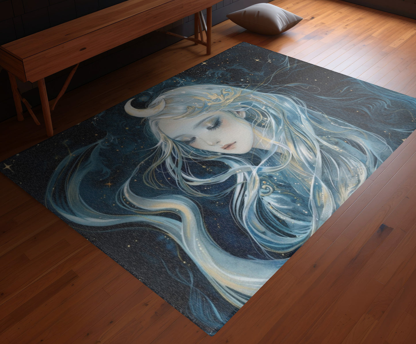 Selene's Moonlit Reverie Chenille Area Rug, Goddess of the Moon Visage, Celestial Elegance, Starry Night Floor Art