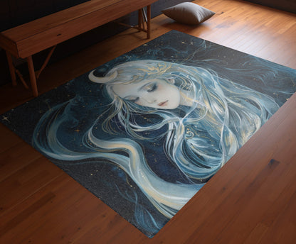 Selene's Moonlit Reverie Chenille Area Rug, Goddess of the Moon Visage, Celestial Elegance, Starry Night Floor Art