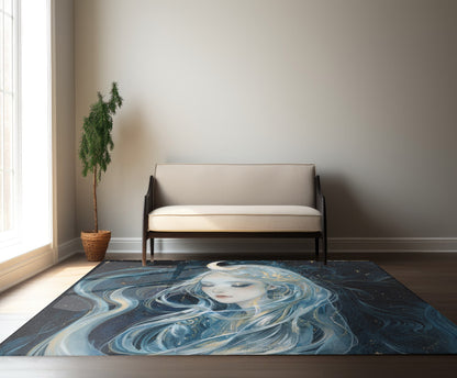 Selene's Moonlit Reverie Chenille Area Rug, Goddess of the Moon Visage, Celestial Elegance, Starry Night Floor Art