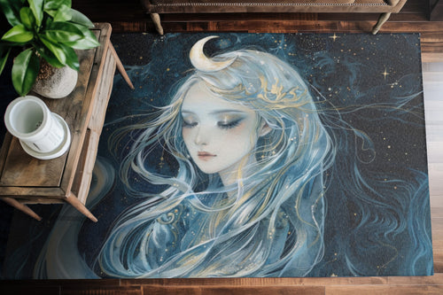 Selene's Moonlit Reverie Chenille Area Rug, Goddess of the Moon Visage, Celestial Elegance, Starry Night Floor Art