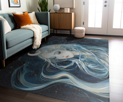 Selene's Moonlit Reverie Chenille Area Rug, Goddess of the Moon Visage, Celestial Elegance, Starry Night Floor Art