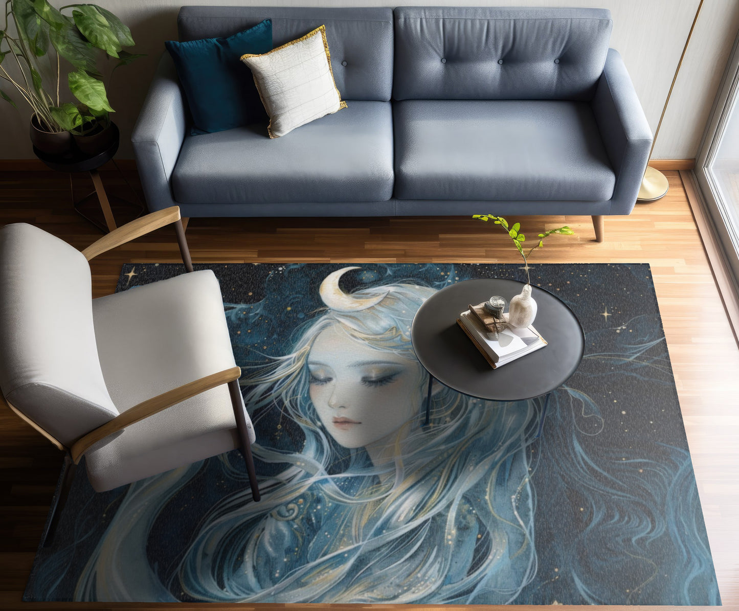 Selene's Moonlit Reverie Chenille Area Rug, Goddess of the Moon Visage, Celestial Elegance, Starry Night Floor Art