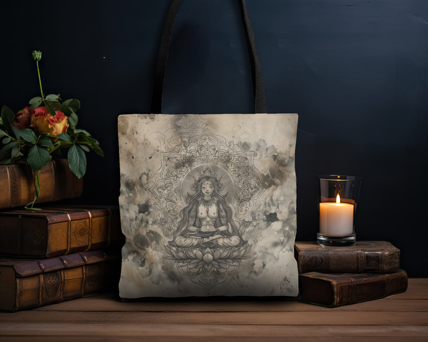 Air Goddess Polyester Tote Bag (Double Sided), Zen Nature Aesthetic, Sacred Geometry Style Fashion, 3 Sizes, Black Handles