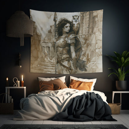 Athena's Wisdom Wall Tapestry, Greek Warrior Goddess & Owl, Monumental Valor Artwork, Inspirational Interior Majesty