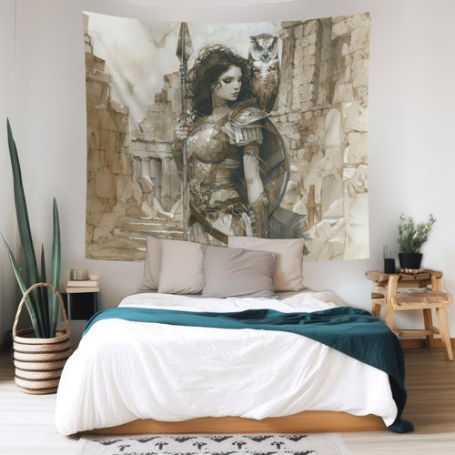 Athena's Wisdom Wall Tapestry, Greek Warrior Goddess & Owl, Monumental Valor Artwork, Inspirational Interior Majesty