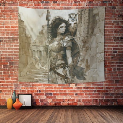 Athena's Wisdom Wall Tapestry, Greek Warrior Goddess & Owl, Monumental Valor Artwork, Inspirational Interior Majesty