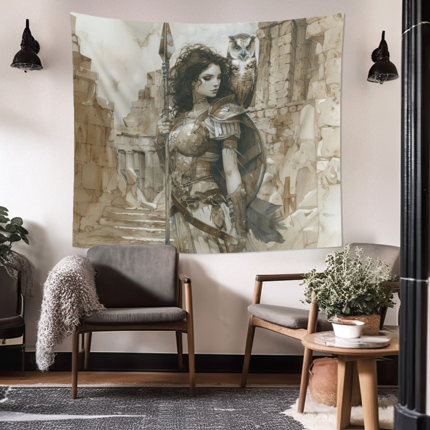 Athena's Wisdom Wall Tapestry, Greek Warrior Goddess & Owl, Monumental Valor Artwork, Inspirational Interior Majesty