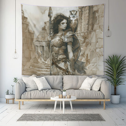 Athena's Wisdom Wall Tapestry, Greek Warrior Goddess & Owl, Monumental Valor Artwork, Inspirational Interior Majesty