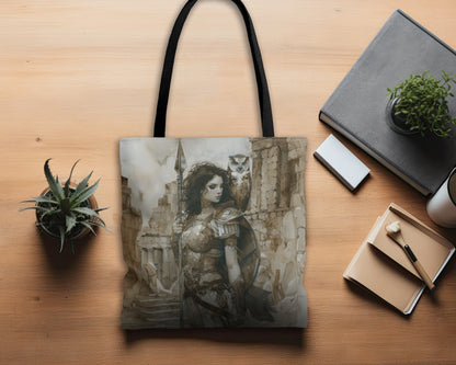 Athena's Wisdom Tote Bag, Dual-Sided Greek Warrior Goddess, Owl Sentinel, Mythic Elegance, Versatile Fashion Accessory