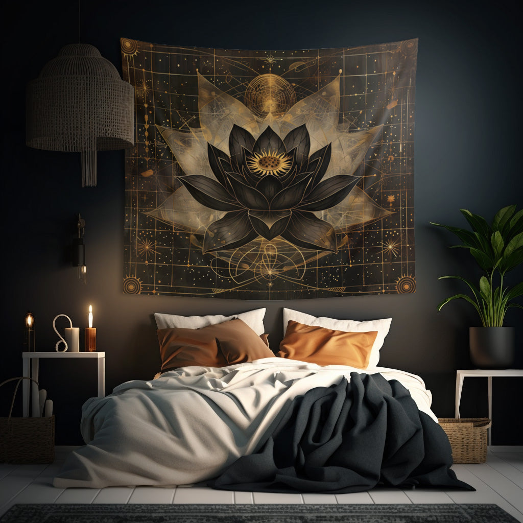 Dark Lotus Flower Indoor Wall Hanging, Mystical Esoteric Motif, Geometric Sacred Patterns Enhancing Decor for Bedrooms, Living Spaces, and Student Dorms