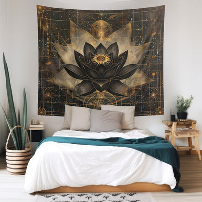 Dark Lotus Flower Indoor Wall Hanging, Mystical Esoteric Motif, Geometric Sacred Patterns Enhancing Decor for Bedrooms, Living Spaces, and Student Dorms