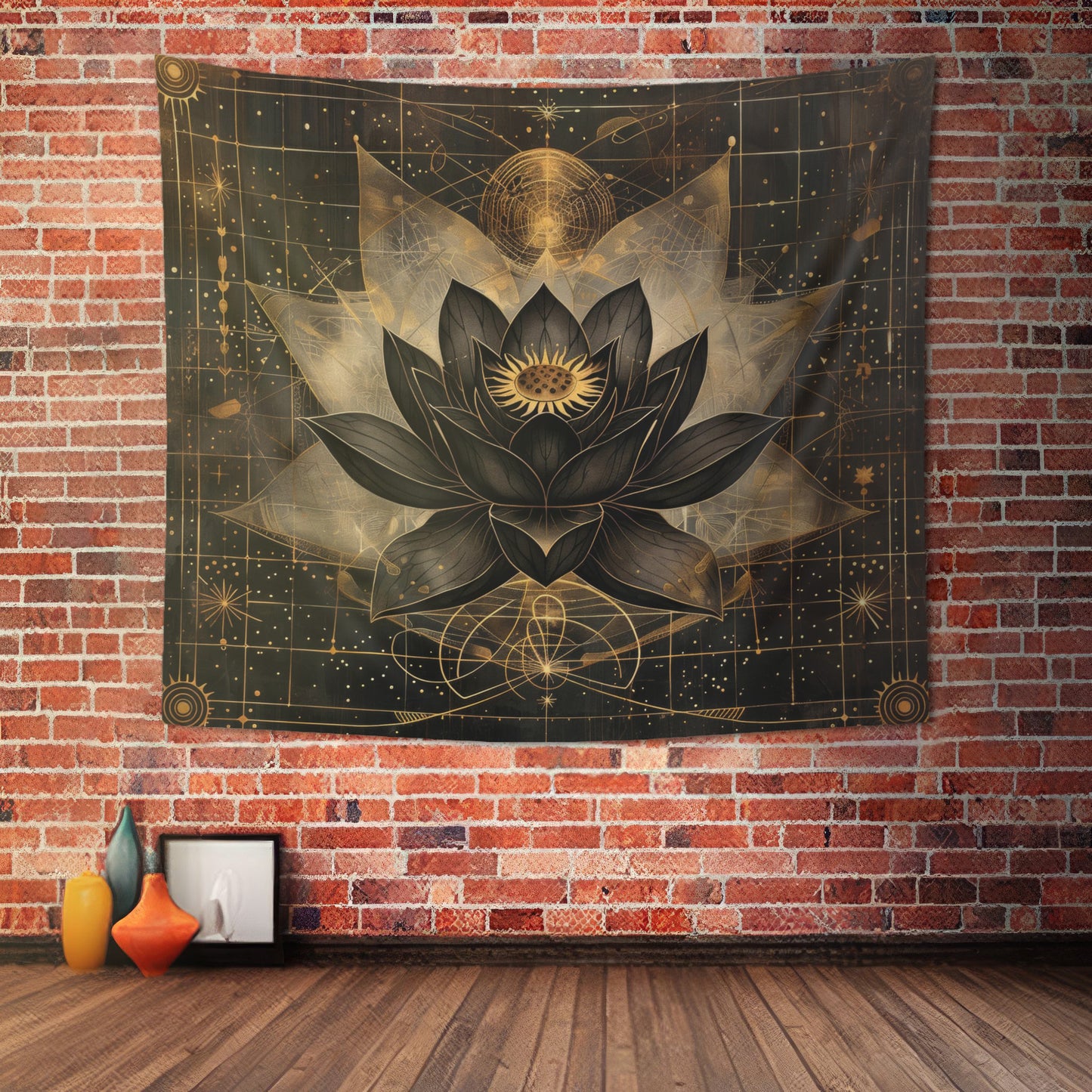 Dark Lotus Flower Indoor Wall Hanging, Mystical Esoteric Motif, Geometric Sacred Patterns Enhancing Decor for Bedrooms, Living Spaces, and Student Dorms