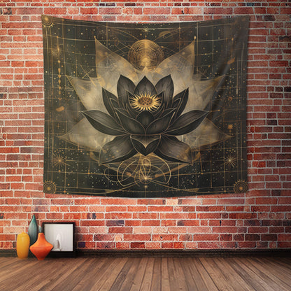 Dark Lotus Flower Indoor Wall Hanging, Mystical Esoteric Motif, Geometric Sacred Patterns Enhancing Decor for Bedrooms, Living Spaces, and Student Dorms