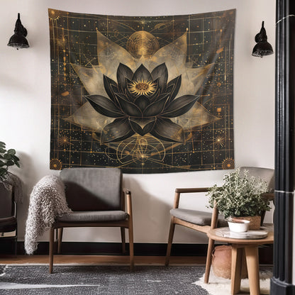 Dark Lotus Flower Indoor Wall Hanging, Mystical Esoteric Motif, Geometric Sacred Patterns Enhancing Decor for Bedrooms, Living Spaces, and Student Dorms