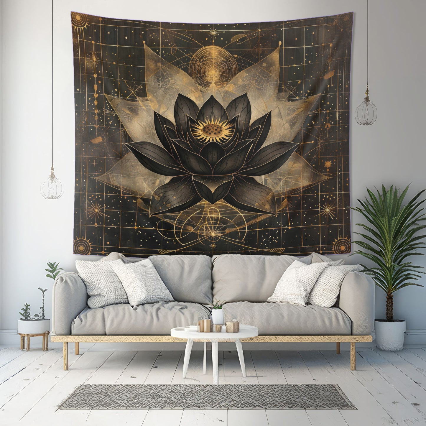 Dark Lotus Flower Indoor Wall Hanging, Mystical Esoteric Motif, Geometric Sacred Patterns Enhancing Decor for Bedrooms, Living Spaces, and Student Dorms