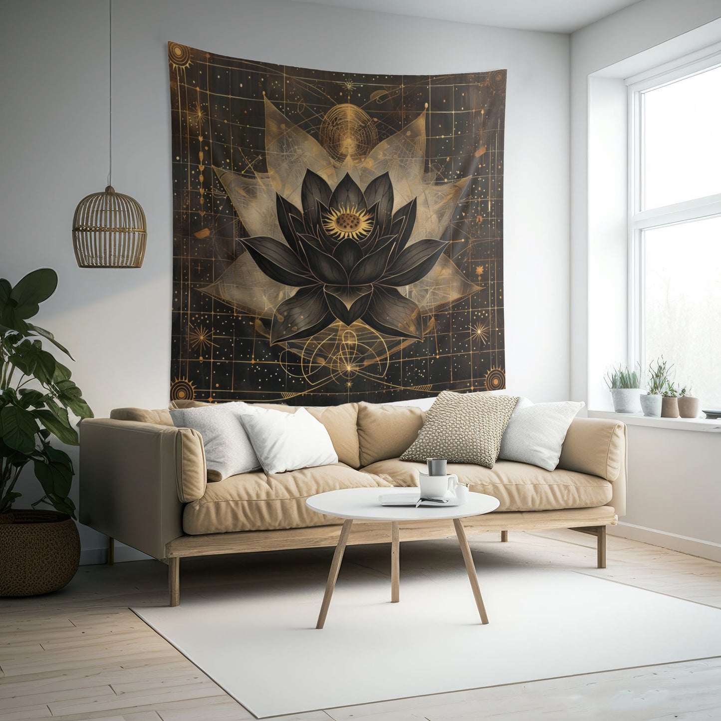 Dark Lotus Flower Indoor Wall Hanging, Mystical Esoteric Motif, Geometric Sacred Patterns Enhancing Decor for Bedrooms, Living Spaces, and Student Dorms