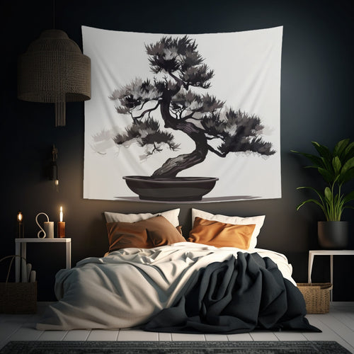 Chinese Ink Style Bonsai Tree Indoor Wall Tapestry, Simple Minimalist Aesthetic Altar Cloth, Zen Nature Style Living, Dorm & Bed Room Decor