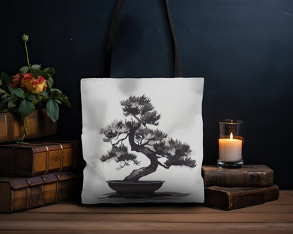 Chinese Ink Style Bonsai Tree Double Sided Tote Bag, Simple Minimalist Aesthetic, Zen Nature Fashion Style, Black Handles, 3 Sizes