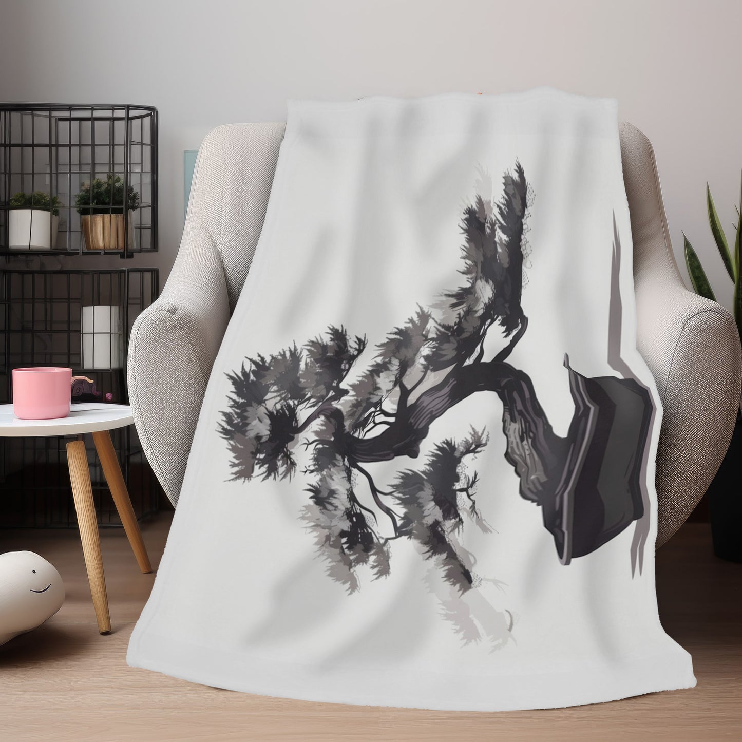 Chinese Ink Style Bonsai Tree Double Sided Throw Blanket, Simple Minimalist Aesthetic, Zen Nature Style Living, Dorm & Bed Room Decor