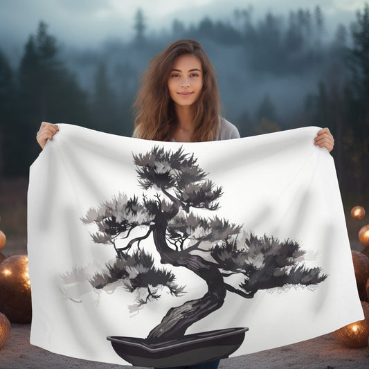 Chinese Ink Style Bonsai Tree Double Sided Throw Blanket, Simple Minimalist Aesthetic, Zen Nature Style Living, Dorm & Bed Room Decor