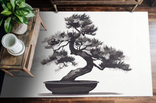 Chinese Ink Style Bonsai Tree Chenille Area Rug (3 Sizes), Simple Minimalist Aesthetic, Zen Nature Style Living, Dorm & Bed Room Decor