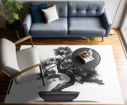 Chinese Ink Style Bonsai Tree Chenille Area Rug (3 Sizes), Simple Minimalist Aesthetic, Zen Nature Style Living, Dorm & Bed Room Decor