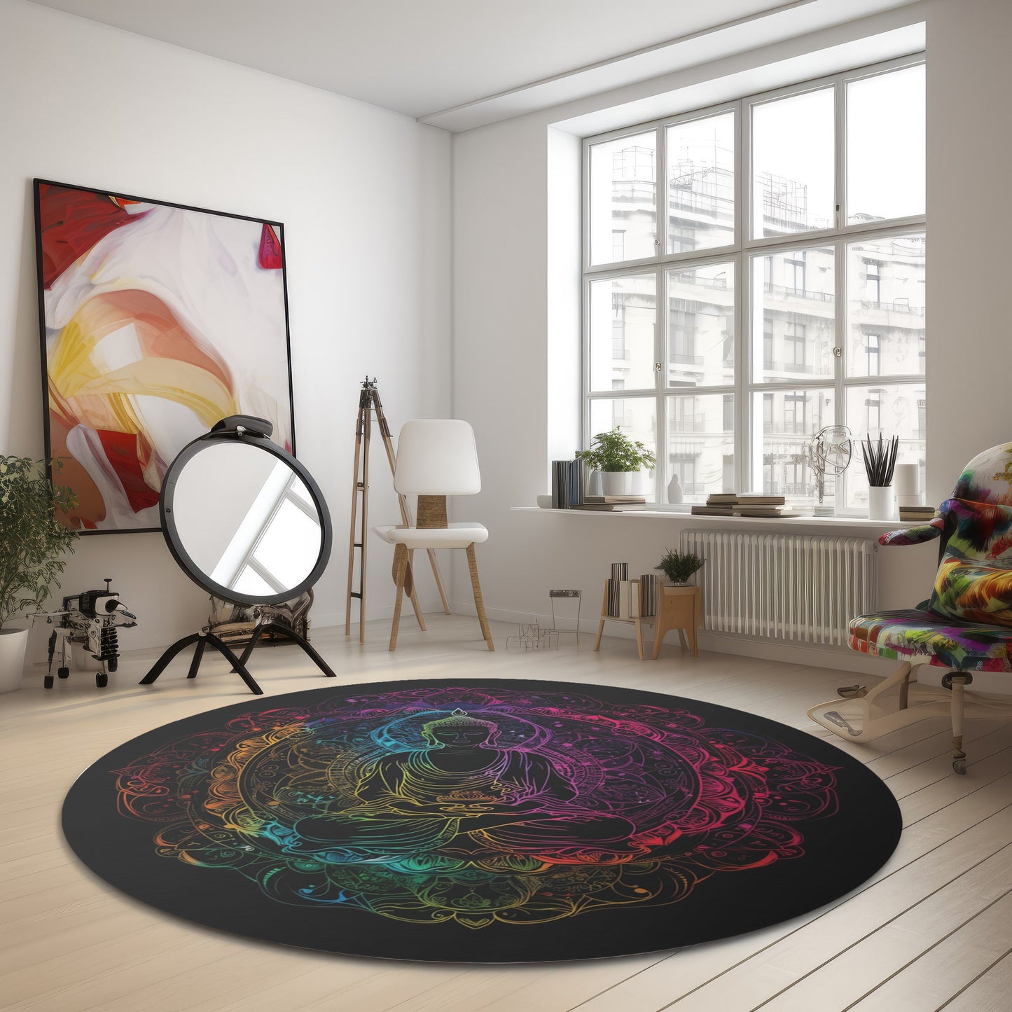 Buddha's Serene Mandala Round Chenille Area Rug, Neon Enlightenment Motif, Spiritual Radiance, Zen Circle Design, Vibrant Meditation Decor