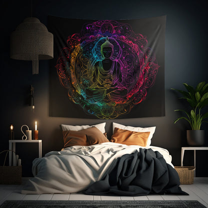 Buddha's Serene Mandala Indoor Wall Tapestry, Neon Enlightenment Motif, Spiritual Radiance, Zen Circle Design, Vibrant Meditation Wall Art