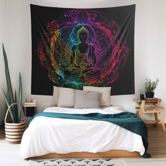 Buddha's Serene Mandala Indoor Wall Tapestry, Neon Enlightenment Motif, Spiritual Radiance, Zen Circle Design, Vibrant Meditation Wall Art