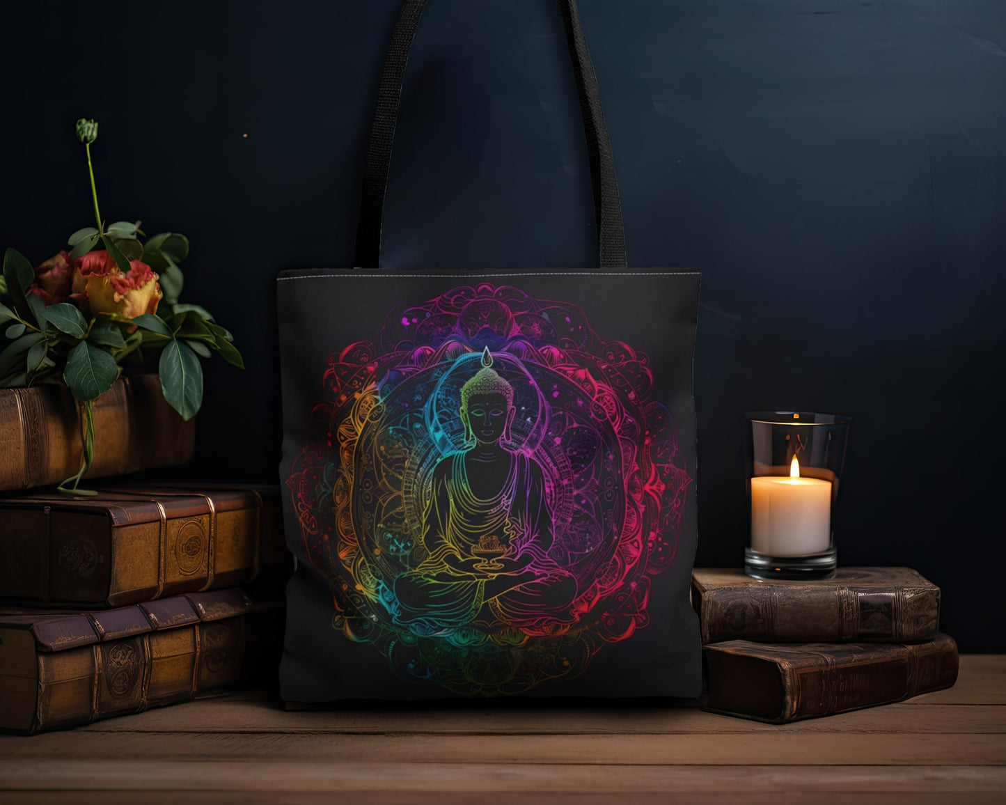 Buddha's Serene Mandala Double-Sided Tote Bag, Neon Enlightenment Motif, Spiritual Radiance, Zen Circle Design, Vibrant Meditation Accessory