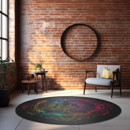 Buddha's Serene Mandala Round Chenille Area Rug, Neon Enlightenment Motif, Spiritual Radiance, Zen Circle Design, Vibrant Meditation Decor