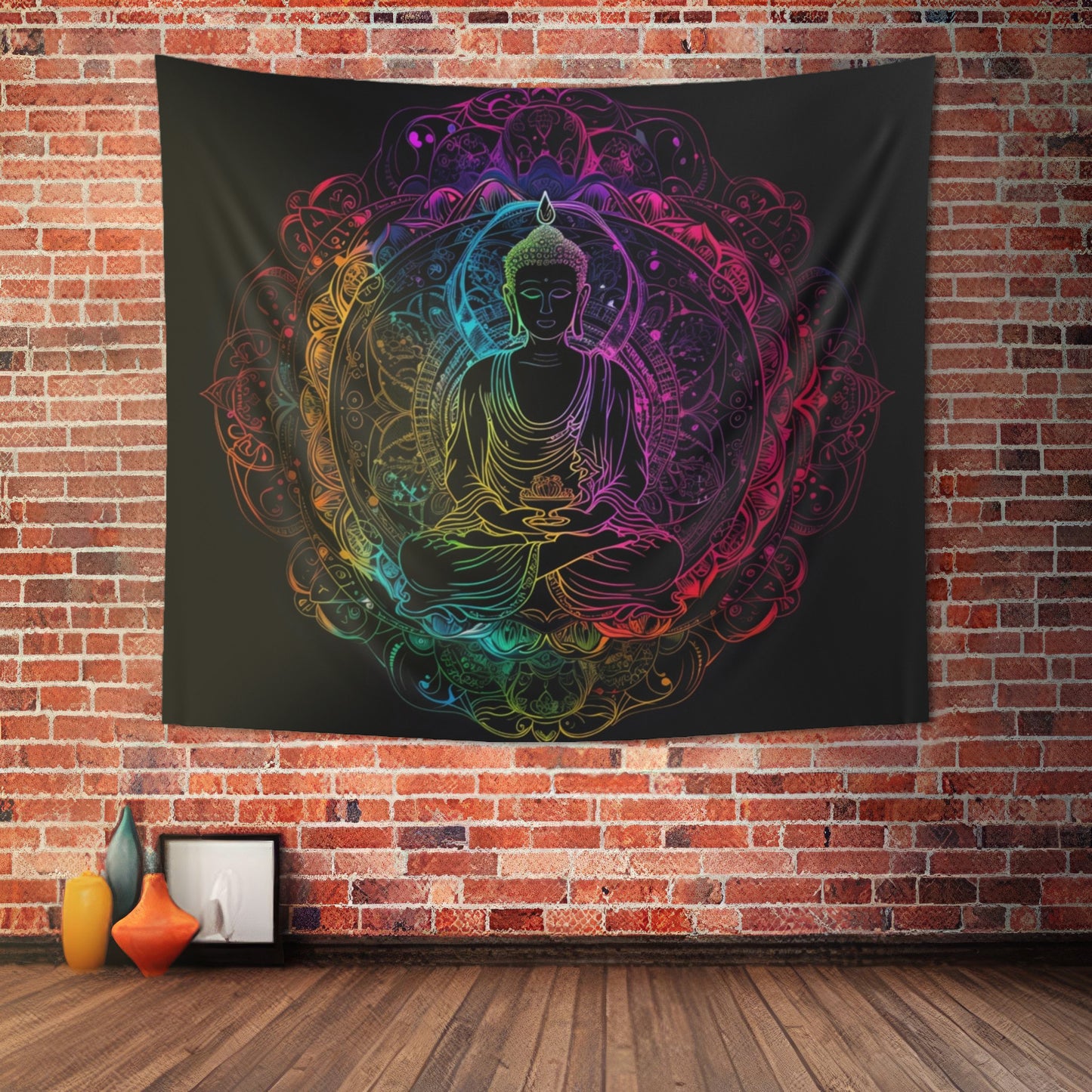 Buddha's Serene Mandala Indoor Wall Tapestry, Neon Enlightenment Motif, Spiritual Radiance, Zen Circle Design, Vibrant Meditation Wall Art